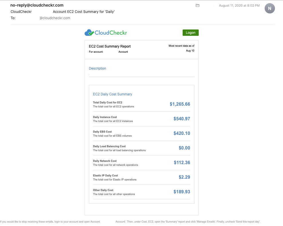 CloudCheckr Account EC2 Cost Summary for 'Daily'